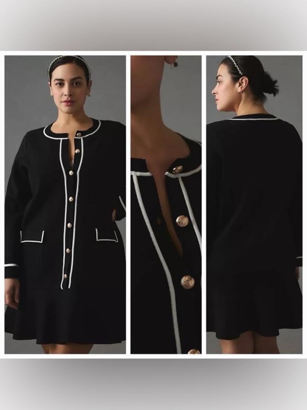 NWT Anthropologie Endless Rose Black Dress with White Accents Size L